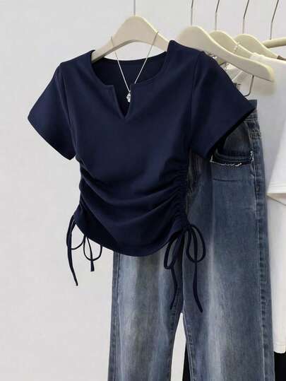 Resyla Women's Solid Color Pleated Casual Versatile Daily Wear Short Sleeve T-Shirt