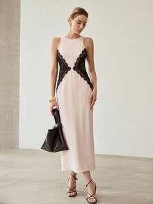 MOTF PREMIUM VESTIDO LARGO DE ENCAJE CONTRASTADO Y BLOQUES DE COLOR, OTOÑO/INVIERNO - Rosa - Ver 5