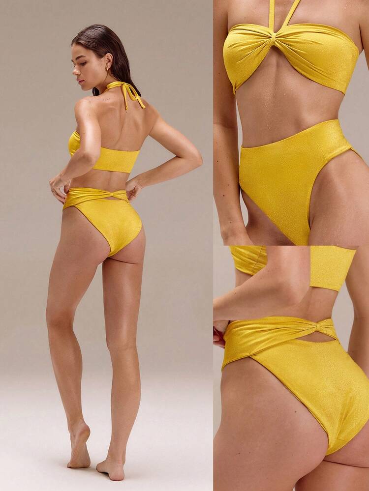 1PC Swim Collection Solar Glow Chlorine-Resistant Sun-Protective High-Rise Back Bow Waist Design Anti-Bacterial Lining Metallic Bikini Bottoms Swimming Beach Pool Holiday Vacation Summer Wear