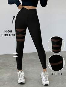 SHEIN EZwear Mesh Contrast High Waist Slim Fit Leggings - Black - View 1