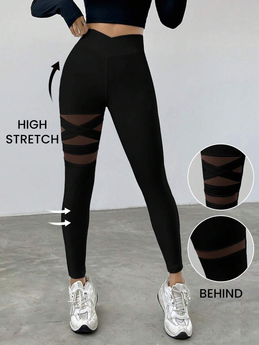 SHEIN EZwear Mesh Contrast High Waist Slim Fit Leggings - Black - View 1