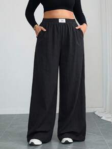 SHEIN Tall CURVE CURVE 大尺碼女款寬腿寬鬆長褲 黑色 秋季休閒 傳統高個女孩字母刺繡 高腰口袋 居家晚餐辦公 - 黑色 - 查看 4