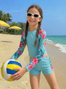 SHEIN Bộ đồ bơi cho bé gái tuổi teen, gồm áo tay raglan in hình cây nhiệt đới và quần short. - Nhiều màu - Xem 5