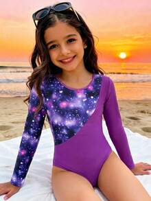 Traje de baño de una pieza con estampado del cielo estrellado en contraste de color púrpura, nuevo diseño de moda para adolescentes, adecuado para nadar, vacaciones, playa de verano, traje de baño para niños, vacaciones de verano - Morado - Ver 3