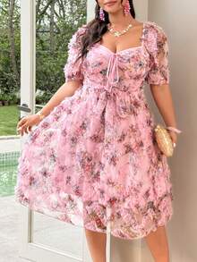 SHEIN Clasi Plus Size Mesh Fabric With Ruffle Trim, V-Neck,, Cinched Waist Bow Decor Elegant Cute Vacation Cocktail Party Dress - Pink - View 5