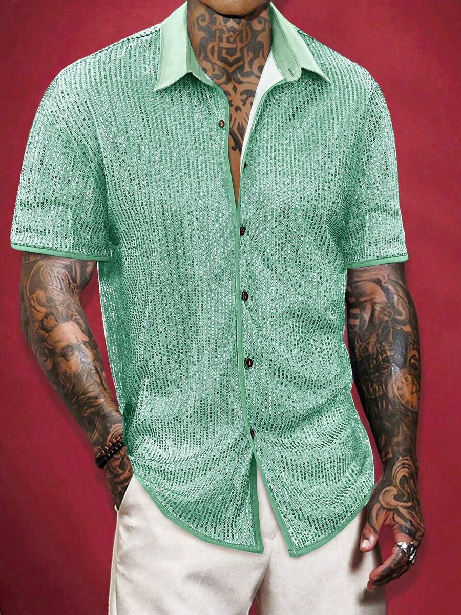 Manfinity AFTRDRK Áo sơ mi nam tay ngắn, kiểu dáng thường ngày, đa năng, phối sequin và nhiều mảnh vải, cài một hàng khuy. - Màu xanh Bạc hà - Xem 1