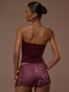 MUSERA 修身褶皱侧拉式抹胸上衣，仅上衣，适合夏季春季穿着，性感可爱，适合度假外出，伊比沙岛优雅日落系带 - 酒紅色 - 查看 4