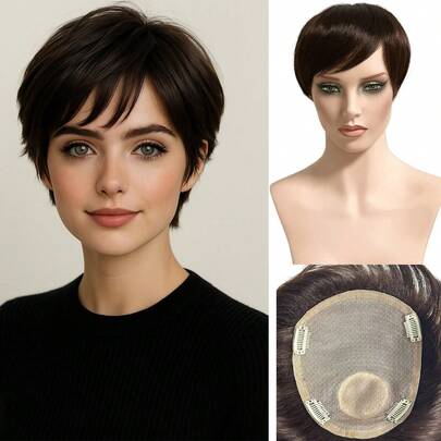 ZERO-NET Tóc giả ngắn màu nâu 4 inch dành cho nữ, đế lớn 6*7 inch, dễ đeo, miếng tóc giả che phủ diện tích lớn dùng hàng ngày.