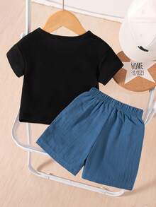 SHEIN Playful Pals 2件套幼儿男童休闲工装短裤和纯色T恤套装，夏季 - 藍色 - 查看 2