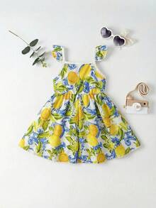 Baby Girl Casual Cute Sweet Lemon Pattern Printed Sleeveless Elastic Waist Dress - Multicolor - View 3
