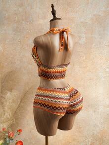 Mistrie Women's Summer New Fashion Two-Piece Set, Colorful Breathable Textured Jacquard Sleeveless Halter Top With Tie And Low-Rise Shorts,Summer Tops,Summer Outfits,Summer Outfits For Women ,Summer Outfit For Women,Festival Outfits For Women,Beach Outfit For Women,Casual Sets For Women,Vacation Outfits Women,Holiday Outfits For Women,Summer Holiday Outfits,Vacation Outfits For Women, Outfits 2 Piece Set Hawaii Outfits Women 2 Piece - Orange - View 3