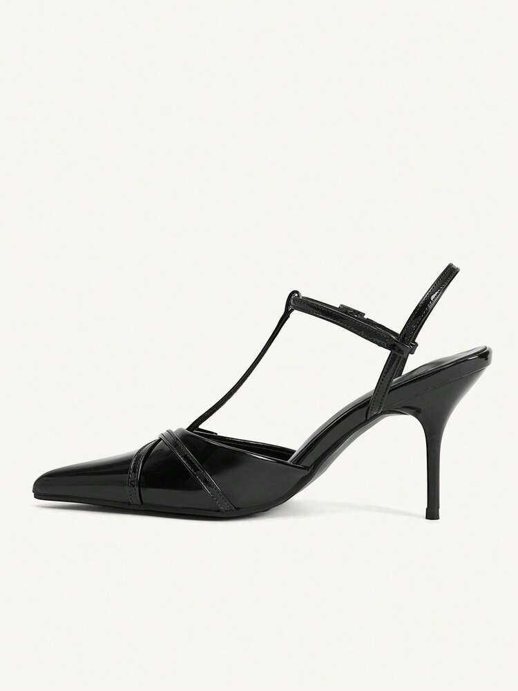 CUCCOO CHICEST Spring And Summer New Fashion T-Shaped Ankle With Rhinestone Pin Buckle Structural Design Pointed Head Wine Glass Heel High Heel Fashion Elegant Temperament Sexy Black Crystal PU Material Women's High Heel Shoes Slick Heels Dress Shoes Dating Afternoon Tea Party Valentine's Day Elegant Wear