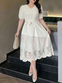 Dazy Plus Plus Size Solid Color Contrast Lace V-Neck Long Sleeve Elegant Dress, Spring/Summer/Autumn Sundress - Apricot - View 2