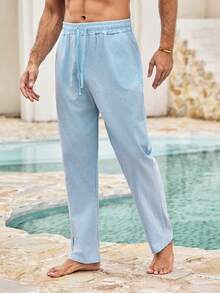 Mercer Haus Pantalones casuales sueltos de lino blanco tejido para hombres, adecuados para primavera, otoño y verano - Celeste - Ver 2