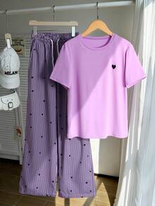 SHEIN 少女爱心印花短袖T恤和条纹裤套装 - 紫色 - 查看 6