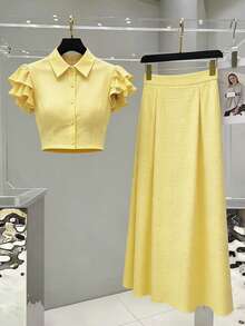 SHEIN Elenzya Elegant Romantic Vacation & Office Lady Blouse + Midi Skirt 2 Pieces Set Yellow Skirt Set Long Skirt 2 Piece Set Sets 2 Piece Women Yellow 2 Piece Set Women Yellow Two-Piece Set Yellow Terno For Women Yellow Dresses For Ladies Yellow Two Piece Set Wow Dress Women Work Outfits Set Formal Attire For Women Blouse Set Blouse And Skirt Terno Women Formal Skirt And Top Set For Women Formal Skirt And Blouse Set Formal - Yellow - View 1