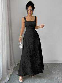 Elenzga Nuevo vestido de punto texturizado sin mangas con cuello cuadrado y diseño de lazo de mariposa en la espalda abierta, elegante vestido ajustado para fiesta - Negro - Ver 6