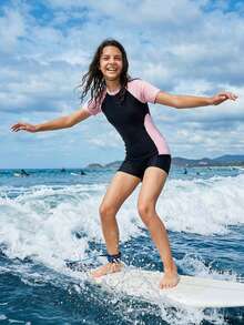 SHEIN Bộ đồ bơi liền thân phối màu đen hồng cho bé gái tuổi teen, tay ngắn, cổ tròn, gấu thẳng, kiểu dáng kín đáo, thích hợp cho kỳ nghỉ hè ở bãi biển. - Nhiều màu - Xem 2