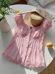 Comfortcana Áo sơ mi nữ dệt kim màu hồng phối ren tương phản, kiểu dáng thường ngày, cài cúc phía trước, thích hợp cho mùa hè. - Hồng - Xem 4