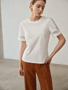 MOTF PREMIUM 女士白色撞色蕾丝短袖T恤，夏季款 - 白色 - 查看 4