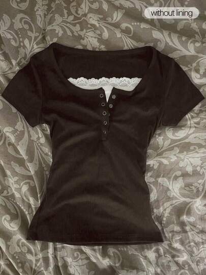 Glimmora Women's Casual Commuting Contrast Lace Half-Button Short Sleeve T-Shirt, Summer