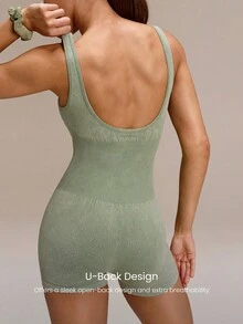 4.3" Ultrafine Soft Seamless Own Every Move Ribbed Waist Removable Cups U-Back Short Bodysuit Medium Impact Training Running Workout Gym Wear - Green - View 5