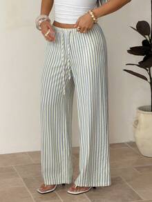 SHEIN PETITE Quần dài nữ mùa hè kẻ sọc màu vàng nhạt có dây rút ở eo - Màu vàng - Xem 4