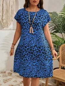 EMERY ROSE Gaun Kasual Lengan Pendek Motif Leopard Ukuran Besar, Fesyen Minimalis untuk Pakaian Sehari-hari, Pakaian Liburan Wanita, Musim Panas - Royal Blue - View 3