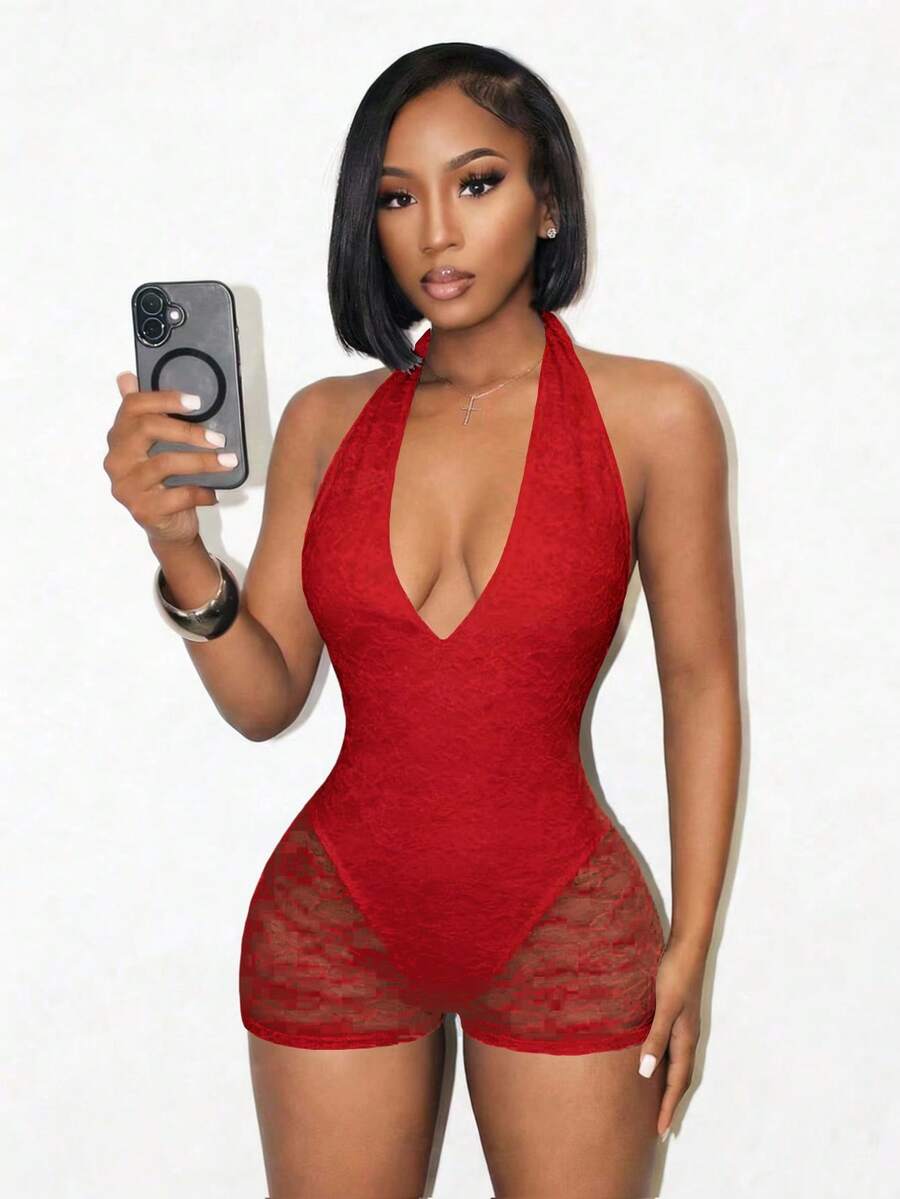 SHEIN BamGlam 女士露背系带蕾丝边性感透视连体衣 - 紅色 - 查看 1