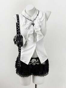 Sunspun Plus Size Women Ruffle Collar Open Front Double Frill Trim Cinched Waist Blouse - White - View 5