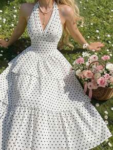 Vintamour 复古经典优雅女士连衣裙，春夏修身露背系带蝴蝶结波点蛋糕裙 - 黑與白 - 查看 3