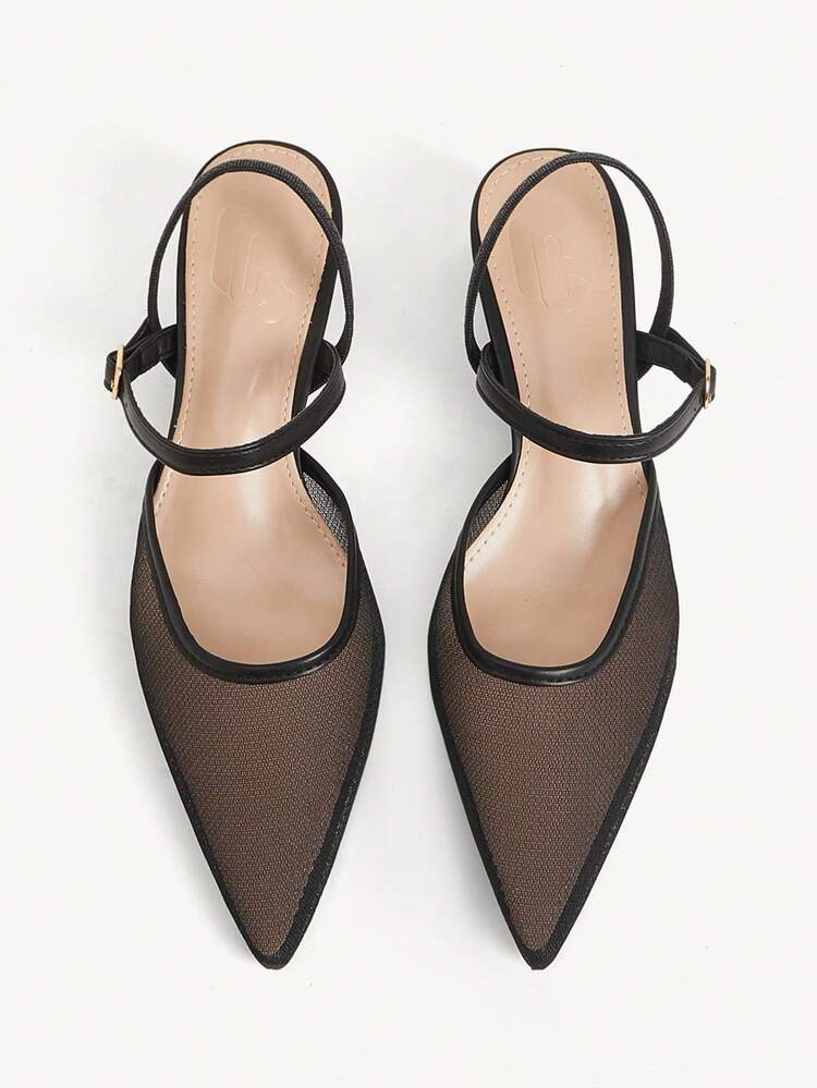 CUCCOO CHICEST Women's Pointed Toe Square Chunky Heel Black Mesh Comfortable Elegant Basic Office Lady High Heel Sandals, Spring/Summer