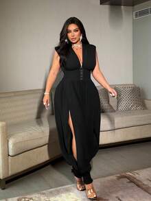 NU&NOW Plus Size Gothic Split Hem Dark Sexy Waist Cinching V-Neck Jumpsuit - Black - View 2