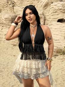 Rustia Plus Size Women Tassel Halter Top, Casual Sexy Music Festival Party Wear, Spring/Summer - Black - View 8