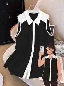 GlowEve CURVE Plus Size Women's Black & White Contrast Collared Button Down Blouse, Elegant & Suitable For Daily Work Wear - Black - View 1