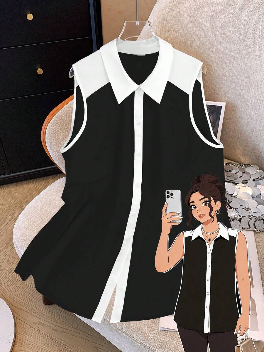 GlowEve CURVE Plus Size Women's Black & White Contrast Collared Button Down Blouse, Elegant & Suitable For Daily Work Wear - Black - View 1