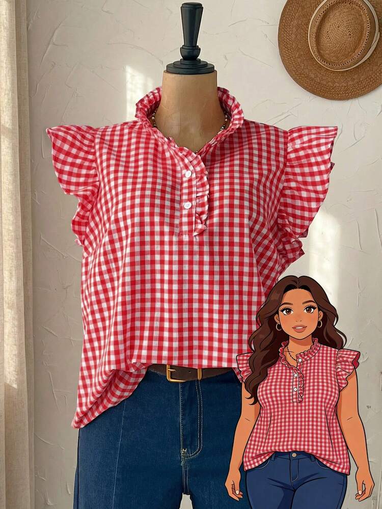 Plus Size Women Plaid Ruched Casual Versatile Daily Wear Shirt Summer Tops Summer Outfits Summer Clothes Spring Spring Outfit Women Spring Clothes Country Style For Women Vacation Outfits Women Plaid Tops Women's Tops And Blouses Women's Summer Outfits Summer Tops
