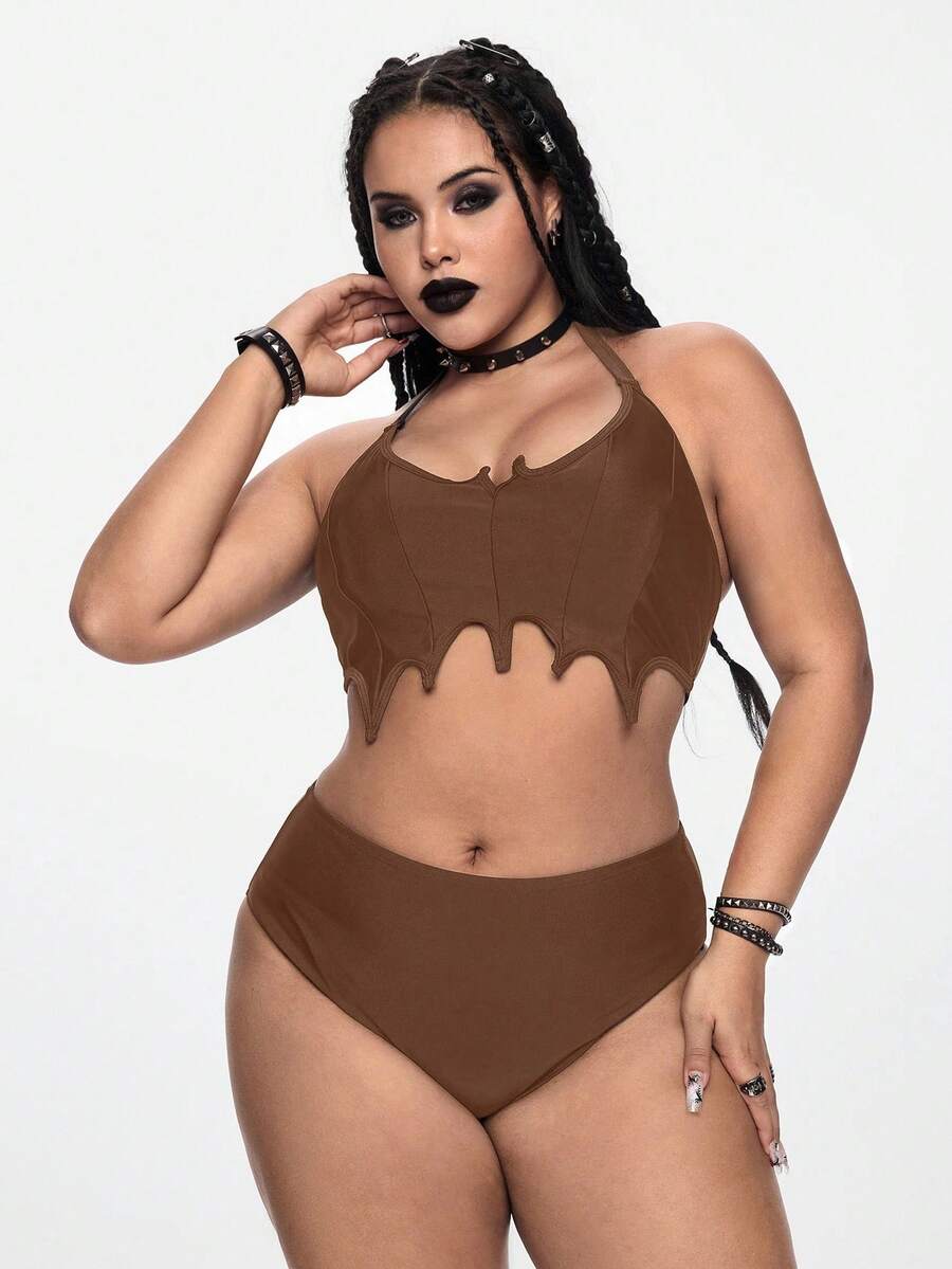 ROMWE Goth Conjunto de bikini de talla grande para mujer con diseño de murciélago gótico, tirantes ajustables, unicolor, espalda descubierta y nudo delantero, para el verano - Marrón - Ver 1