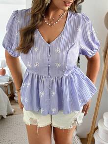Ceyna Plus Size Women's Lavender Summer Elegant Blouse,Textured Printed V-Neck Short Sleeve Babydoll Tops,Tea Party Wedding Guest Casual Holiday Dress Tops - Mauve Purple - View 6