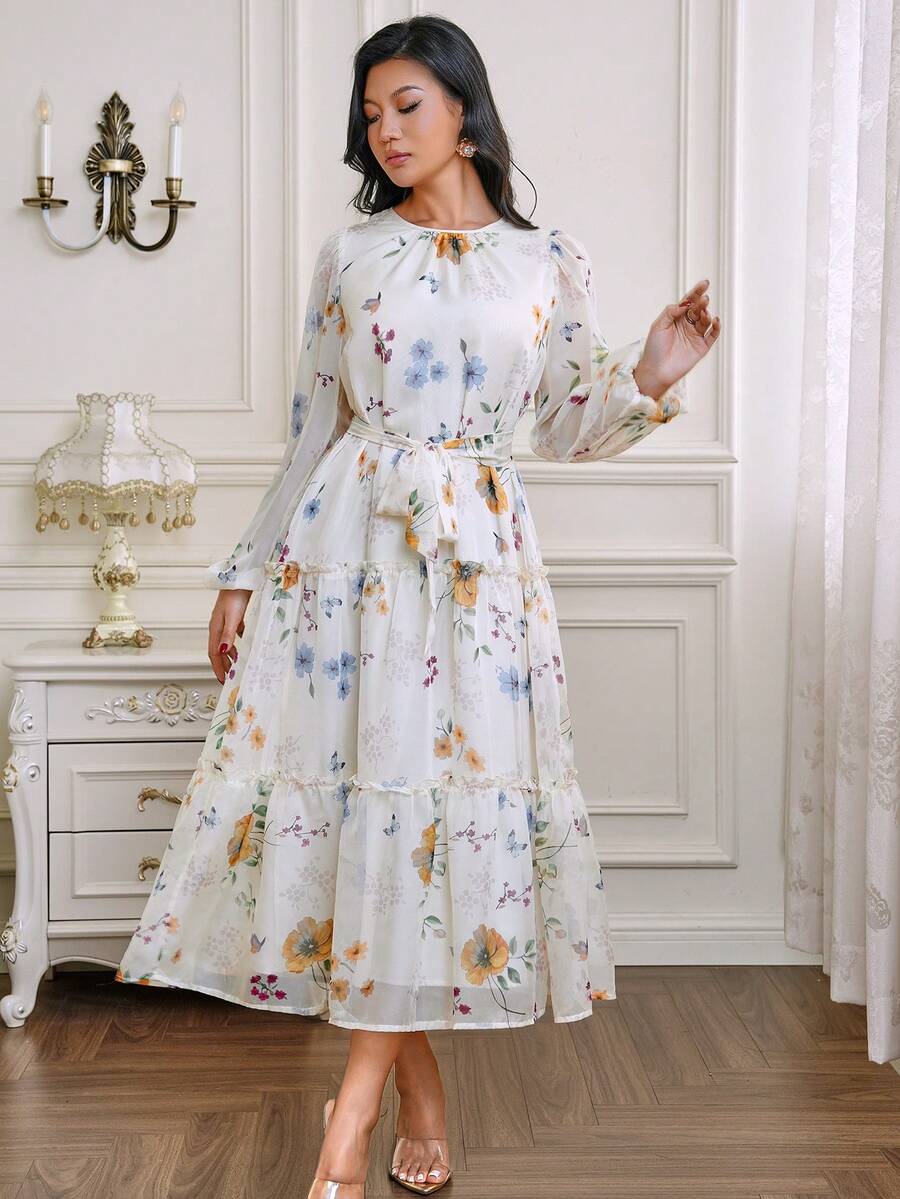 Modelyn 女款優雅白色花卉印花長袖腰帶式長洋裝,通勤秋季茶會Zanea女裝,婚禮賓客中長洋裝 - 杏色 - 查看 1