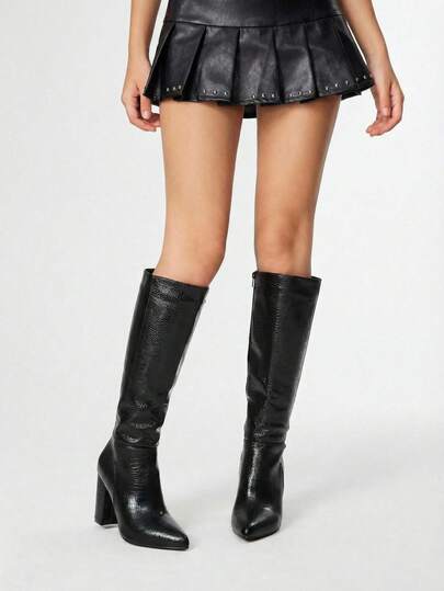 ROMWE Goth Botas de montar de tacón grueso con puntera cuadrada y ajuste ceñido, inspiradas en Kendall, ideales para combinar con un cárdigan y un jersey de moda, Otoño/Invierno 2025, Color negro