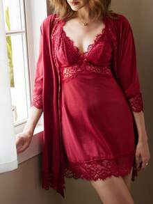 Bộ áo choàng và áo hai dây ren phối màu tương phản thanh lịch dành cho nữ, thích hợp cho mùa xuân, hè và thu. - Màu Đỏ Sâu - Xem 5