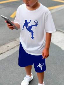 SHEIN Teen Boy White Summer Streetwear Loose Short Sleeve Shorts Set,Suitable For Daily Use,Sports,School,Parties,Weddings,Performances & Opening Ceremonies - Royal Blue - View 6
