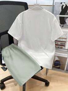 SHEIN 2件套青少年男童休闲短袖短裤套装，街头朋克摇滚学院风，适合日常穿着、派对、音乐节、春夏穿着 - 薄荷綠 - 查看 2
