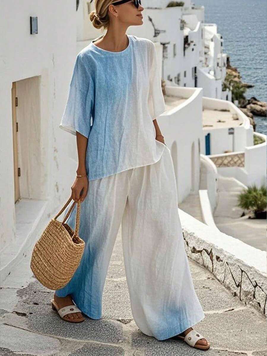 EMERY ROSE Woven Loose Dropped Shoulder Short Sleeve Top + Casual Side Pocket Straight Leg Pants - Blue and White - View 1