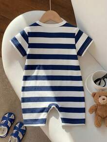 3-24M Baby Boys' Bear Print Round Neck Short Sleeve Snap Crotch Romper,Blue And White Stripe,Summer,Casual,Family Matching Soft Comfortable Fabric - White - View 2