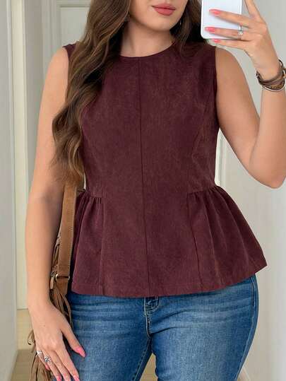 SHEIN LUNE 大码女式夏季休闲日常通勤简约纯色无袖荷叶边上衣