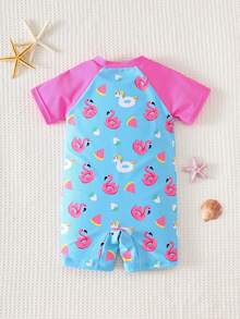 Cozy Pixies Baby Girl Cute Print Contrast Color Raglan Sleeve Zipper Front One-Piece Swimsuit, Suitable For Holiday, Beach, Swimming Pool - Multicolor - View 2