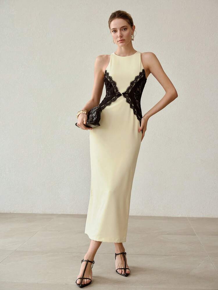 FITTED LACE SPLICE COLOR BLOCK LONG DRESS, AUTUMN/WINTER