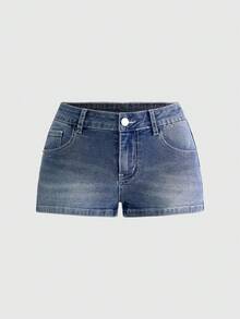 ROMWE Y2K Retro Low-Waist Heart Pocket Rhinestone Embellished Mini Women Denim Shorts - Blue - View 1